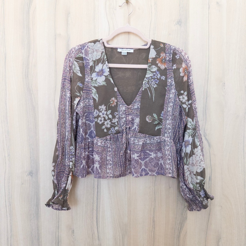 American Eagle Women Floral Patchwork Blouse XS Brown Purple Boho Fairy Romantic